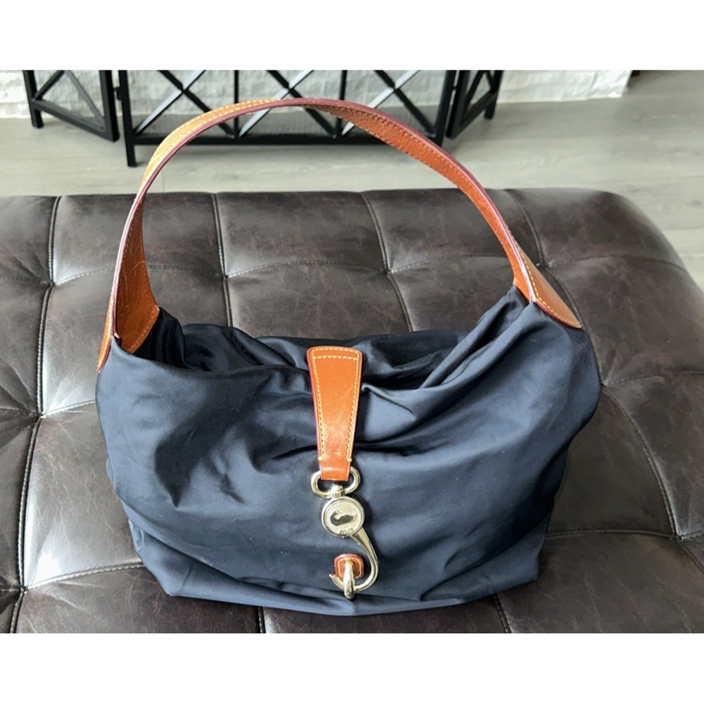 Dooney & Bourke Navy Nylon Shoulder Bag with Tan Leather Trim
